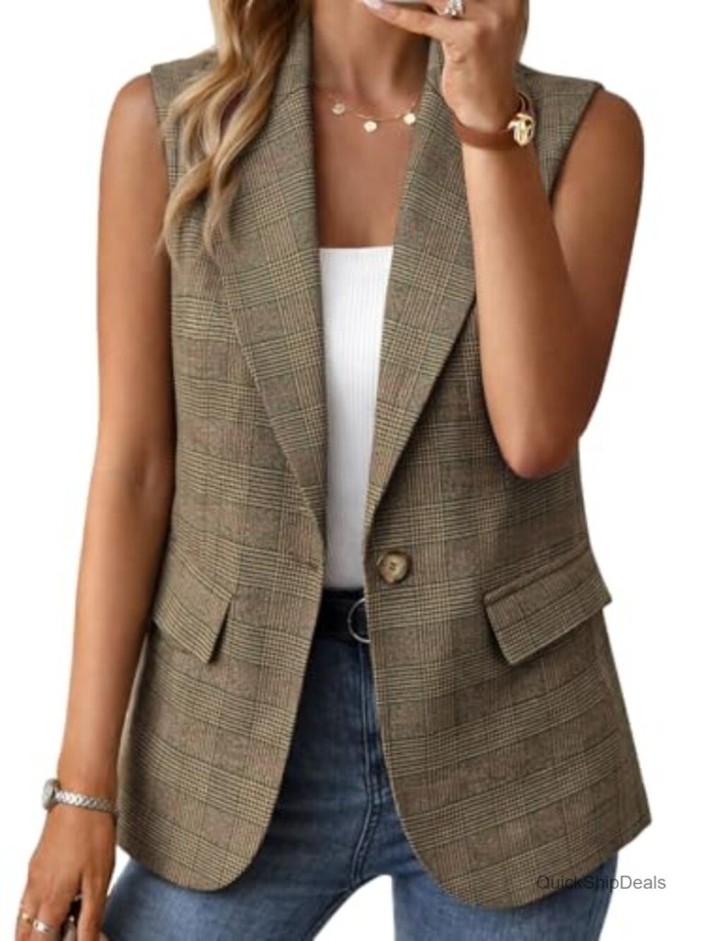 Sleeveless Open Front Lightweight Blazer Vest with Pockets